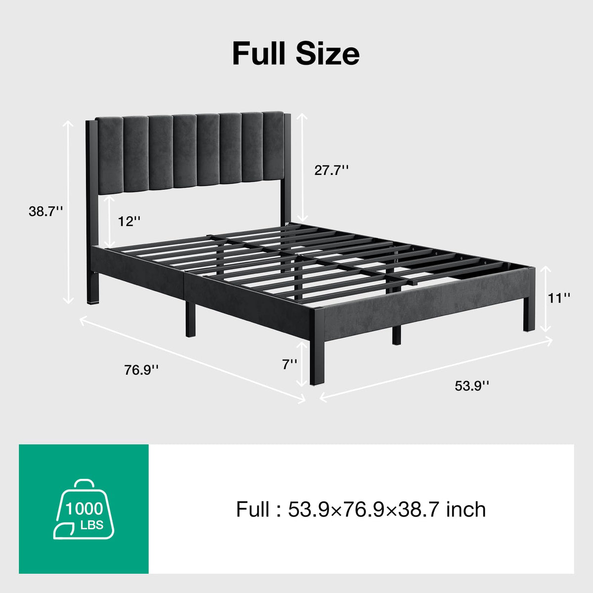 Full Size Metal Platform Bed Frame with Velvet Black Headboard and Footboard R83451