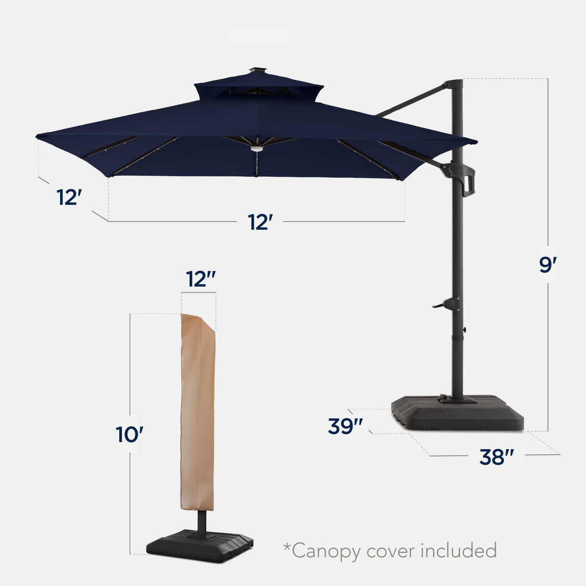 12x12ft LED Cantilever Patio Umbrella with Base and 360° Rotation P179