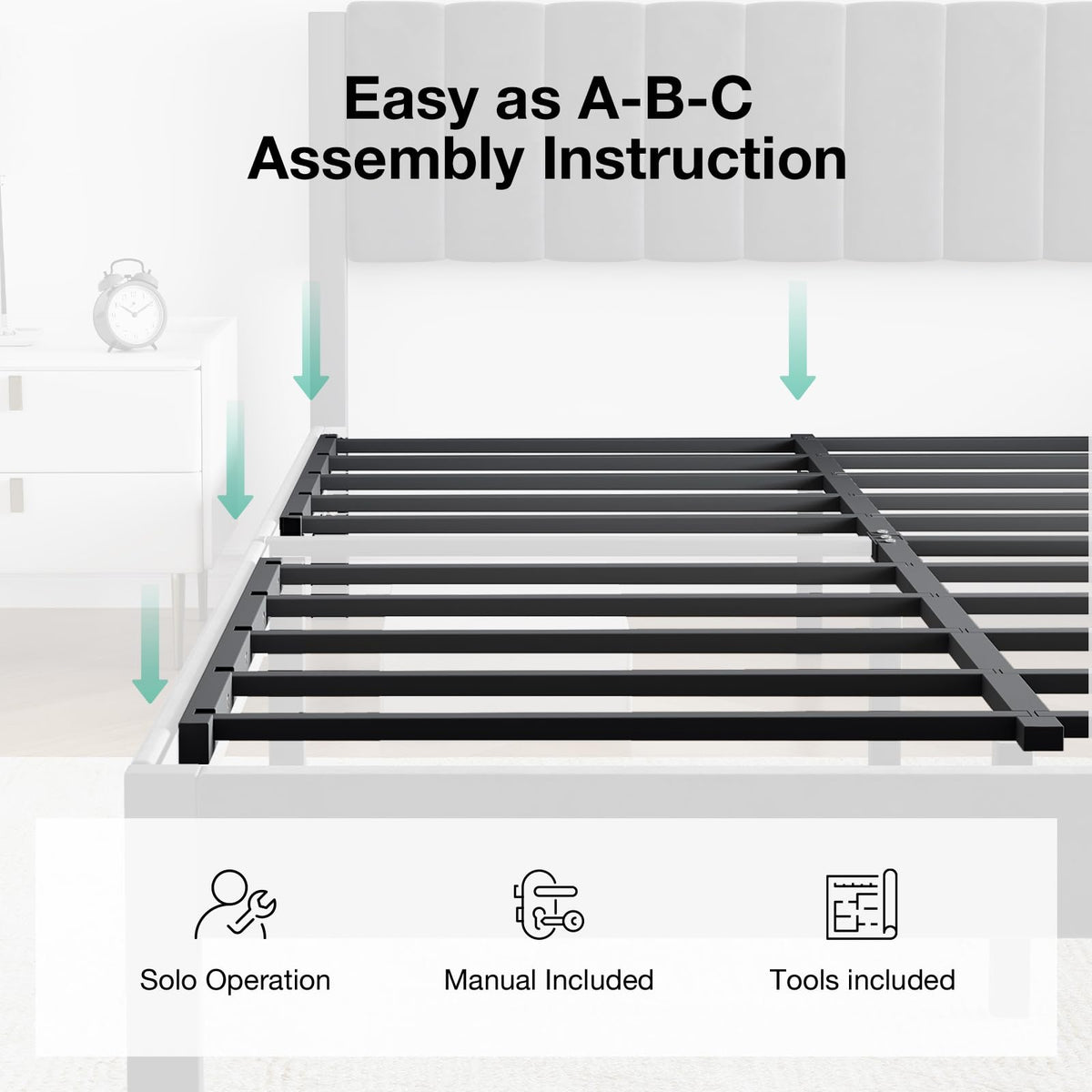 Full Size Metal Platform Bed Frame with Velvet Black Headboard and Footboard R83451