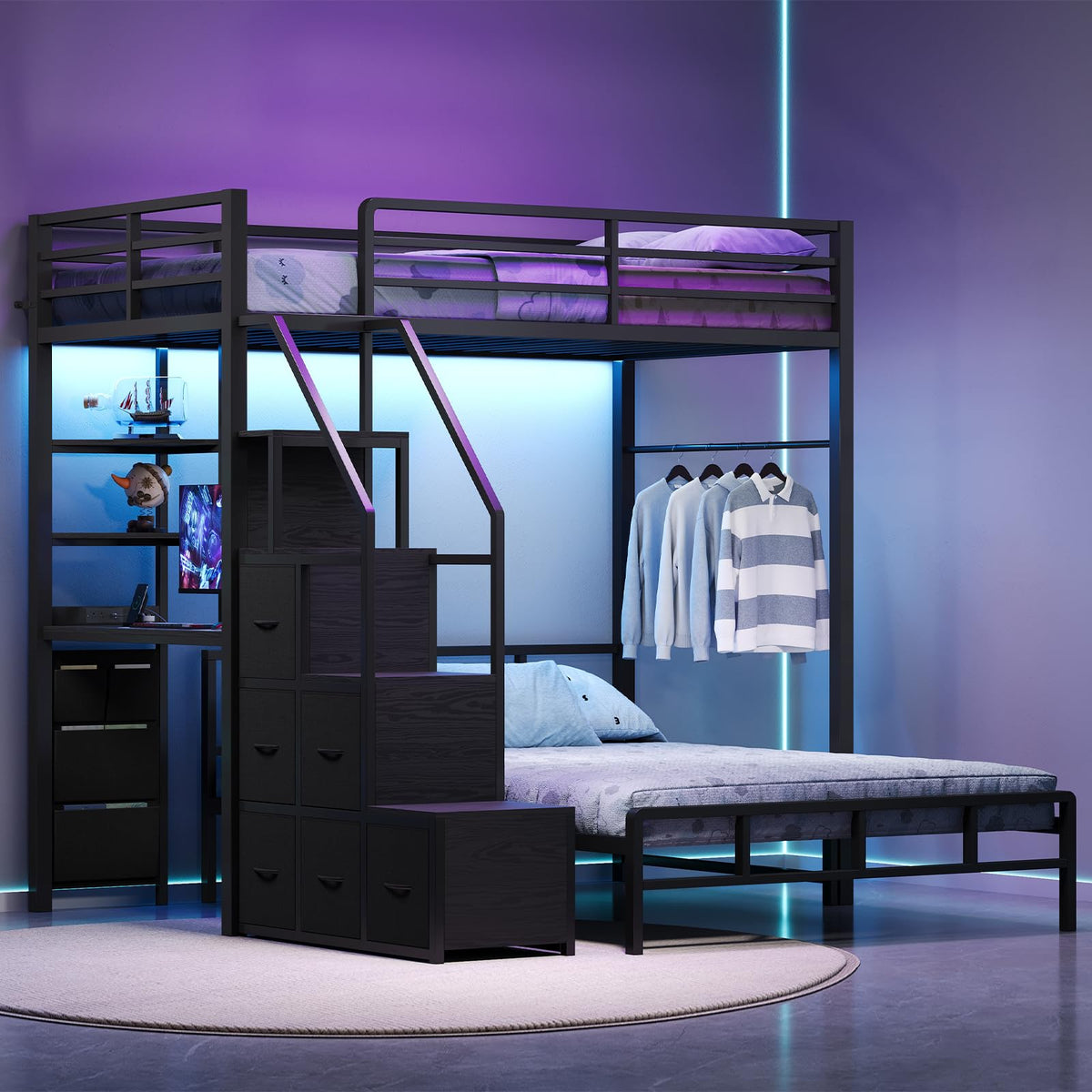 Black Twin Over Full Bunk Bed with Desk and Stairs C380852