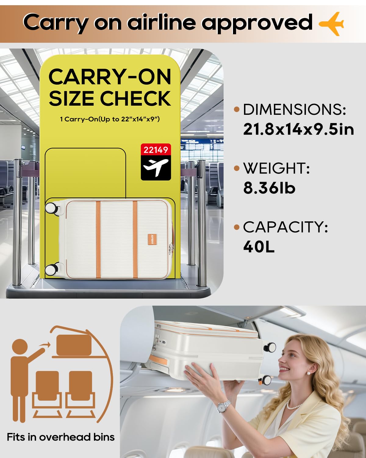 20 Inch Carry On Luggage with Front Pocket and Cup Holder, White H3983