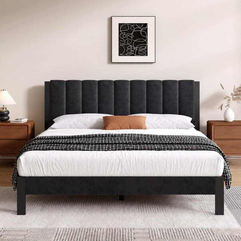 Full Size Metal Platform Bed Frame with Velvet Black Headboard and Footboard R83451