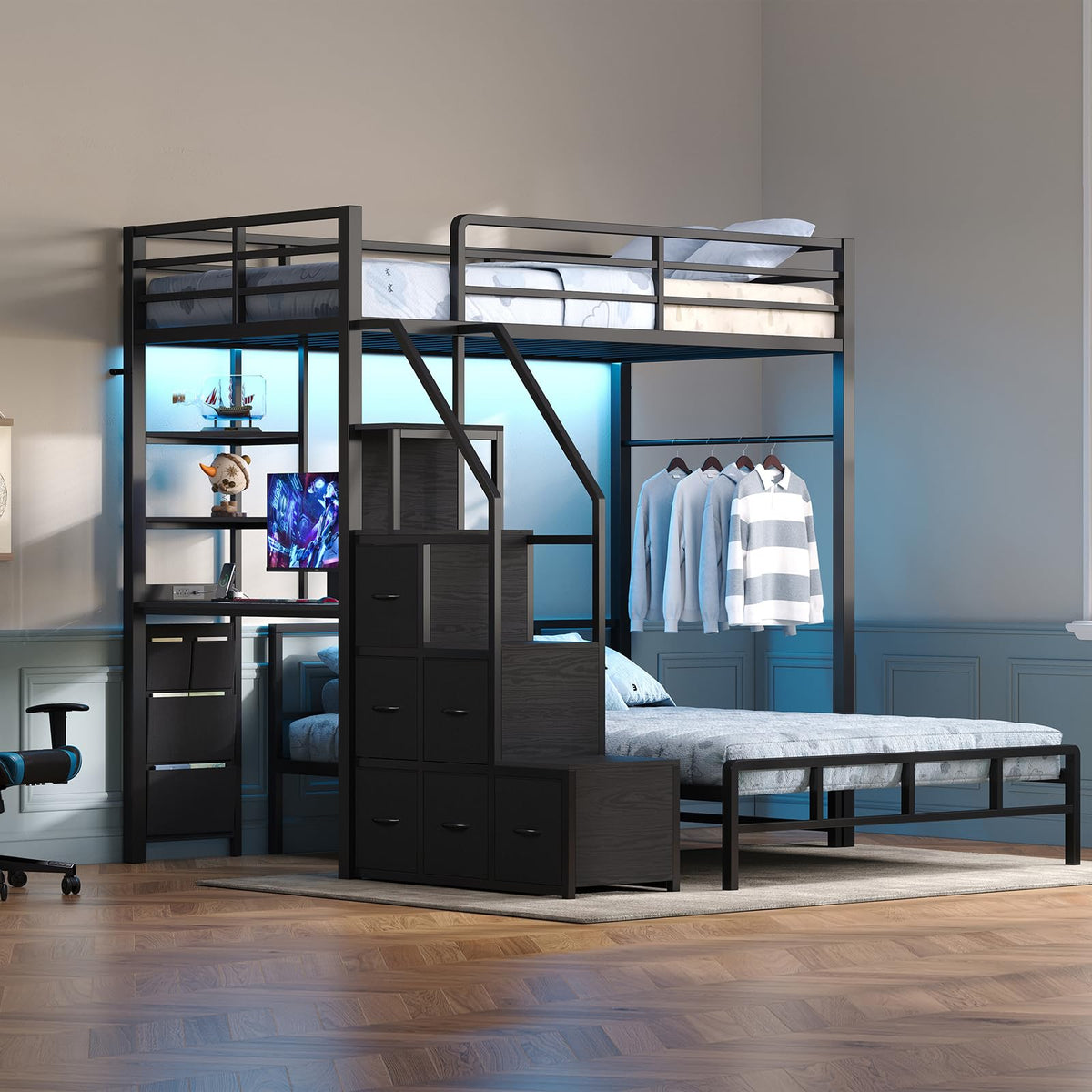 Black Twin Over Full Bunk Bed with Desk and Stairs C380852