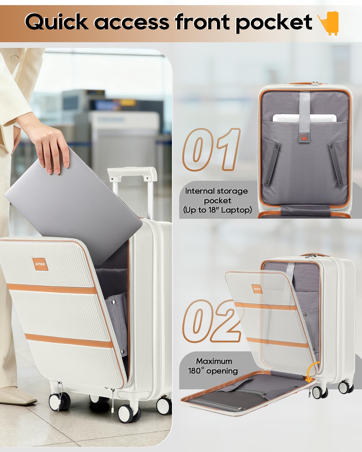 20 Inch Carry On Luggage with Front Pocket and Cup Holder, White H3983