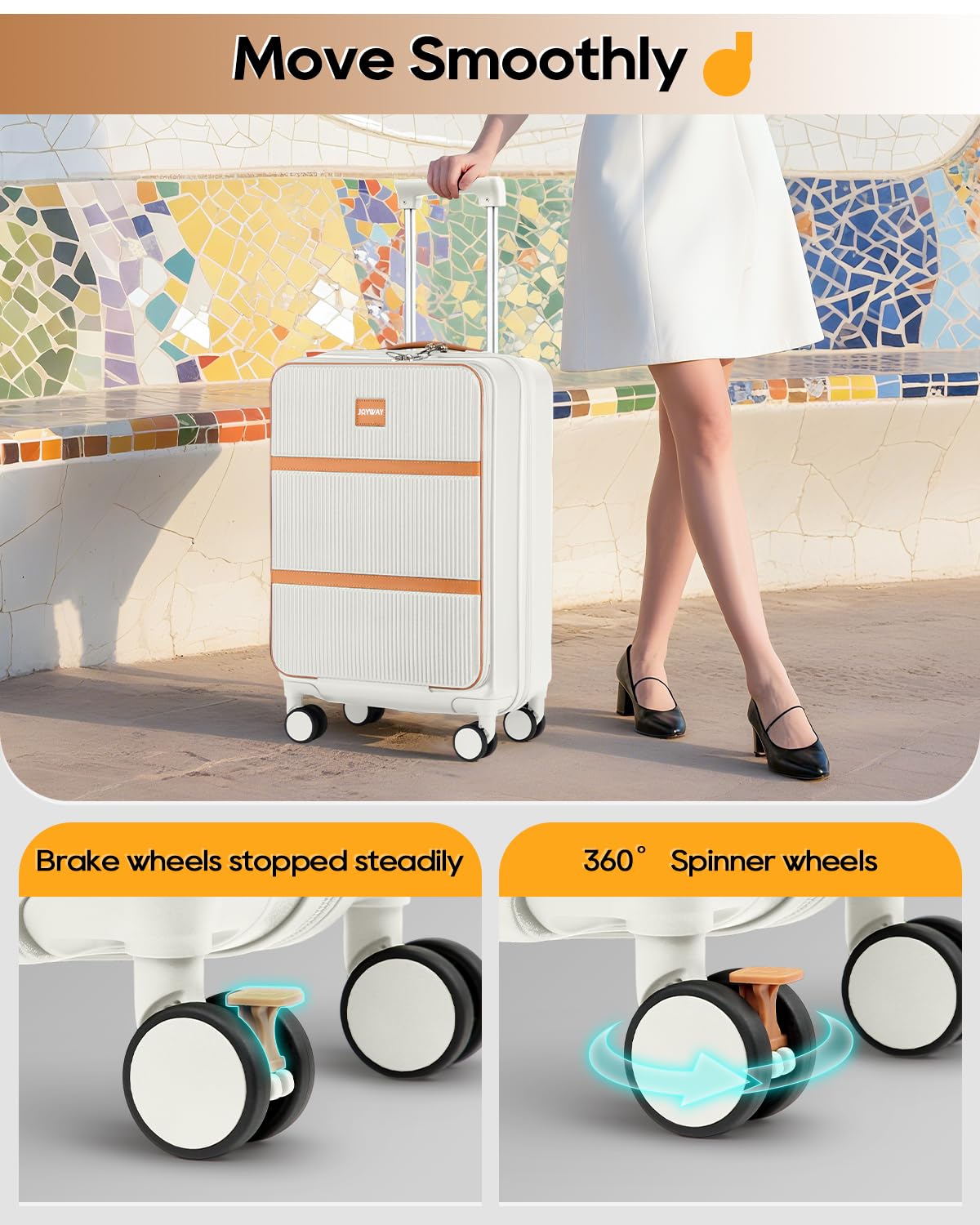 20 Inch Carry On Luggage with Front Pocket and Cup Holder, White H3983