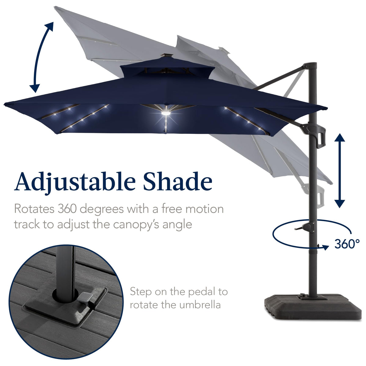 12x12ft LED Cantilever Patio Umbrella with Base and 360° Rotation P179