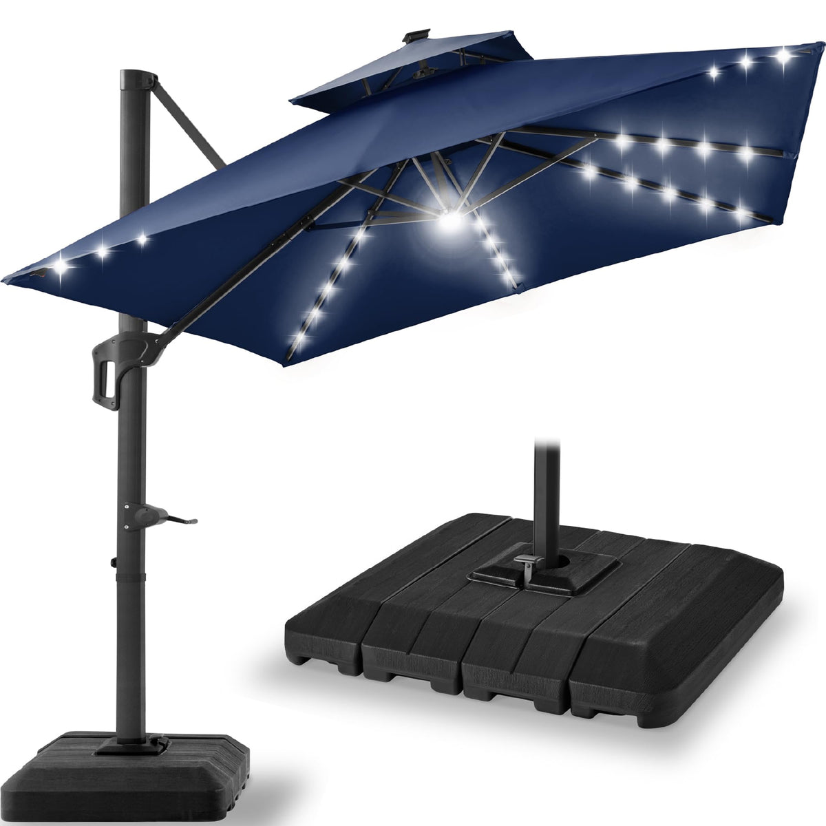 12x12ft LED Cantilever Patio Umbrella with Base and 360° Rotation P179