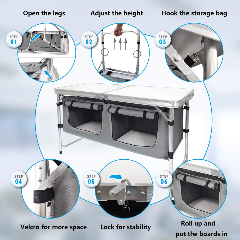 Aluminum Lightweight Height Adjustable Folding Table with Storage Organizer R94567