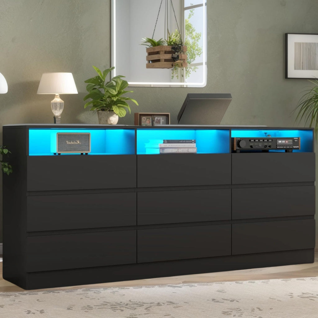 Black 9 Drawer Dresser with LED Lights & Power Outlet U435277