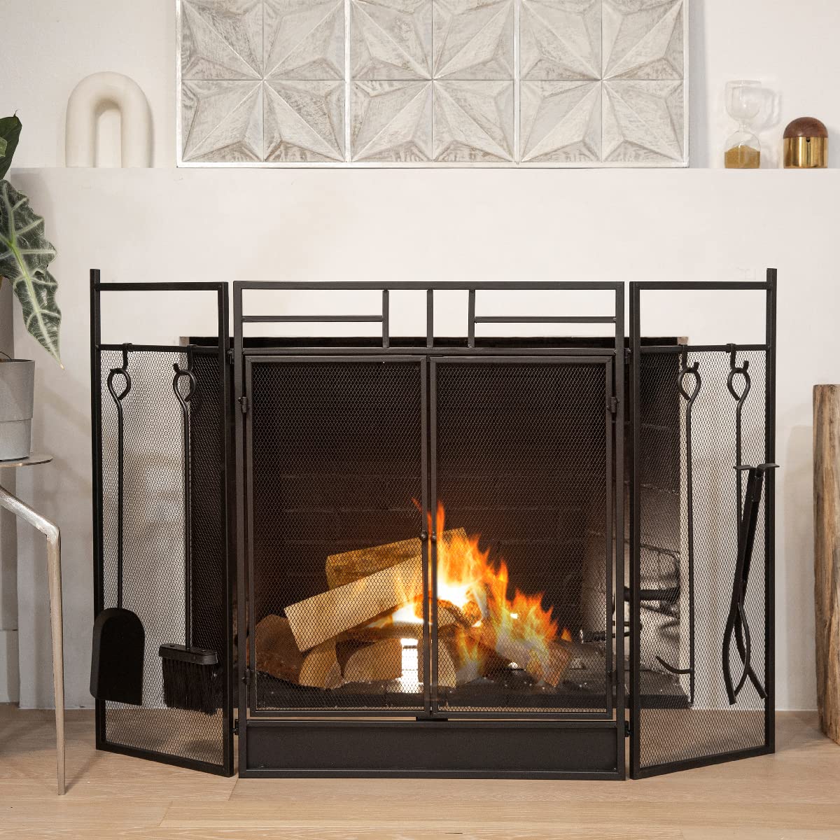 Black 3-Panel Folding Fireplace Screen with Magnetic Doors and 4-Piece Tools Set W254