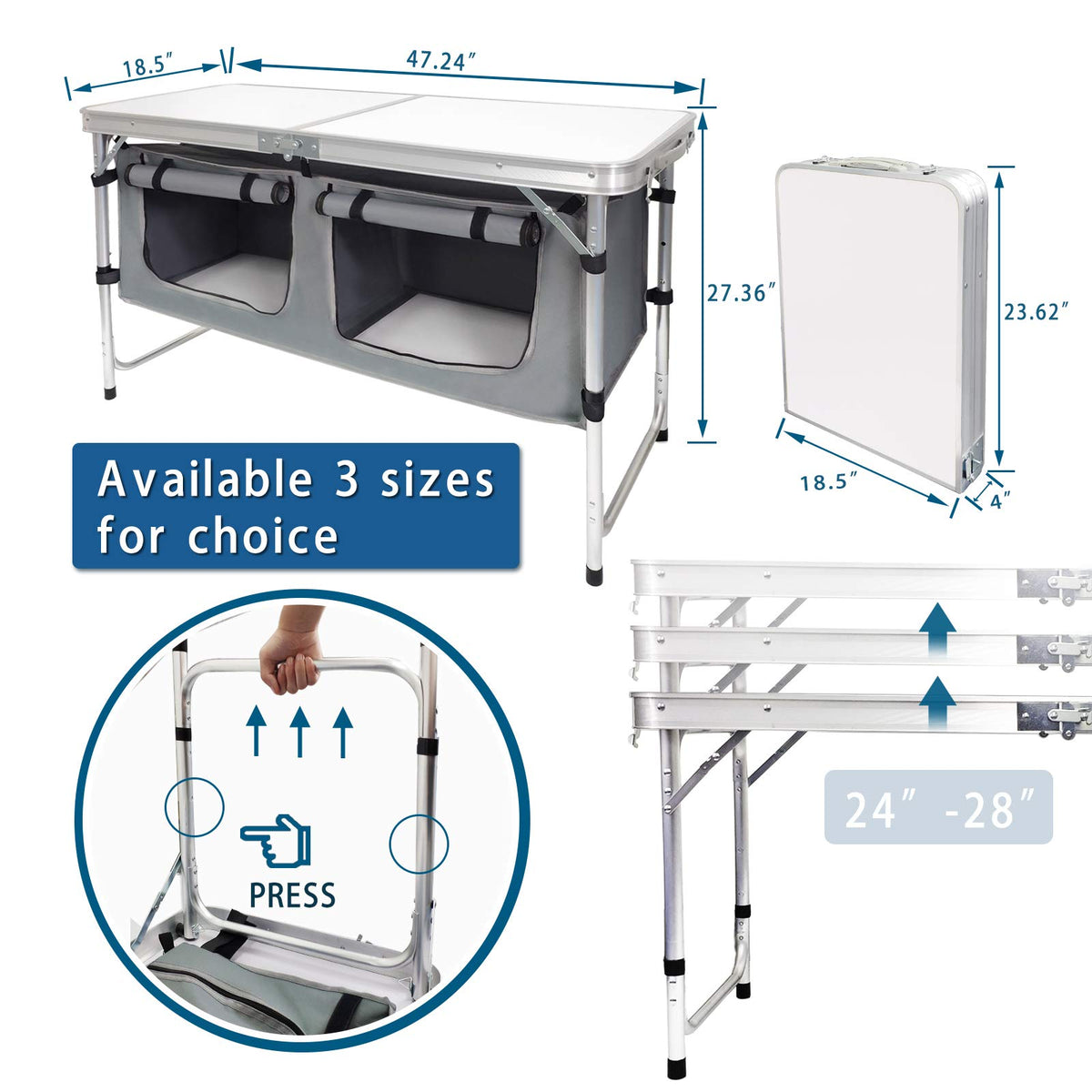 Aluminum Lightweight Height Adjustable Folding Table with Storage Organizer R94567