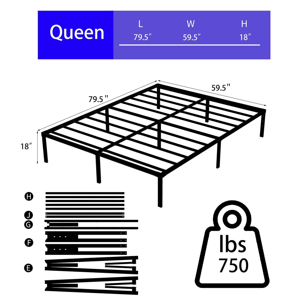 Queen Size Platform Bed Frame Steel Slat Support Black X11558
