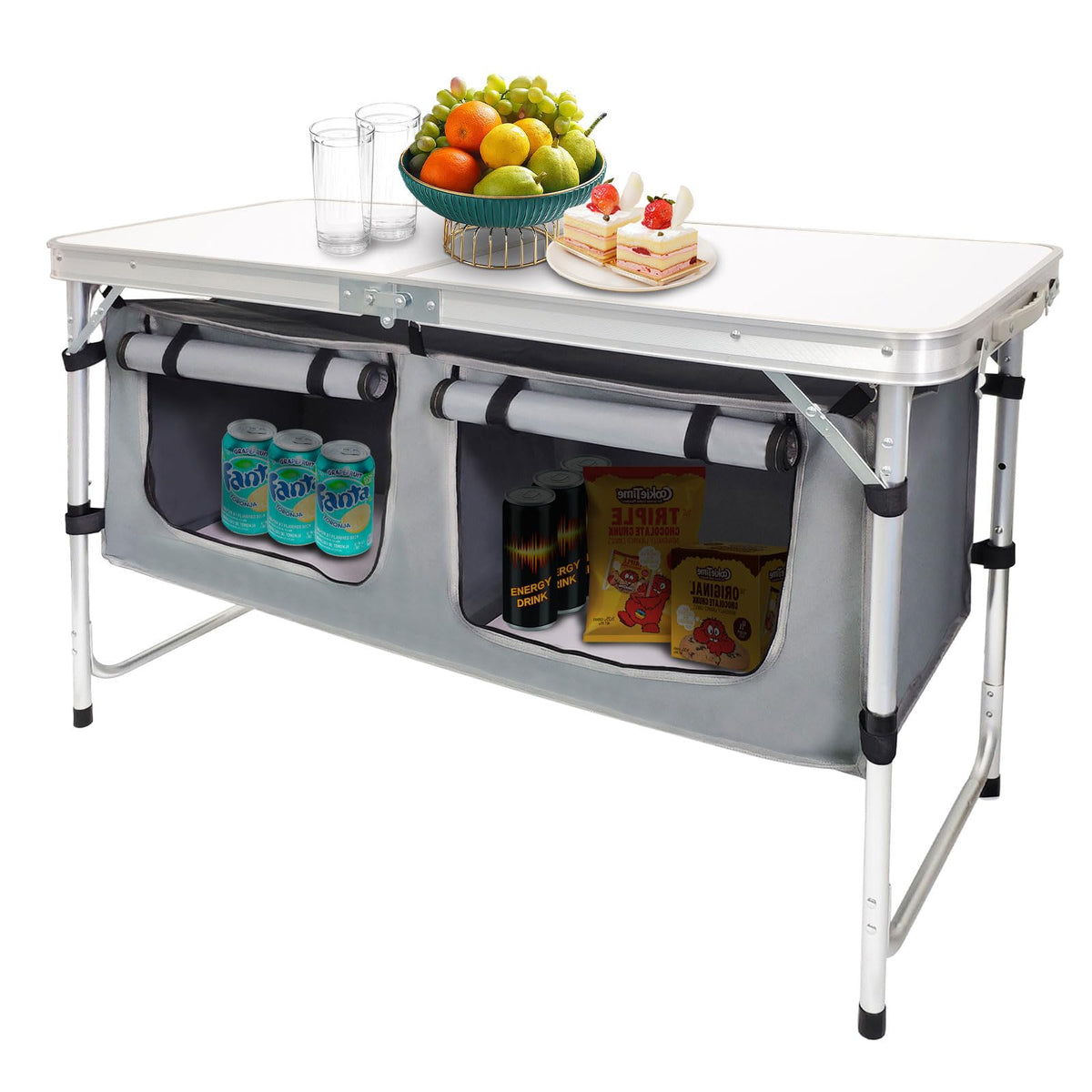 Aluminum Lightweight Height Adjustable Folding Table with Storage Organizer R94567