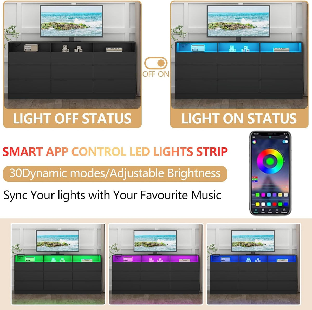 Black 9 Drawer Dresser with LED Lights & Power Outlet U435277