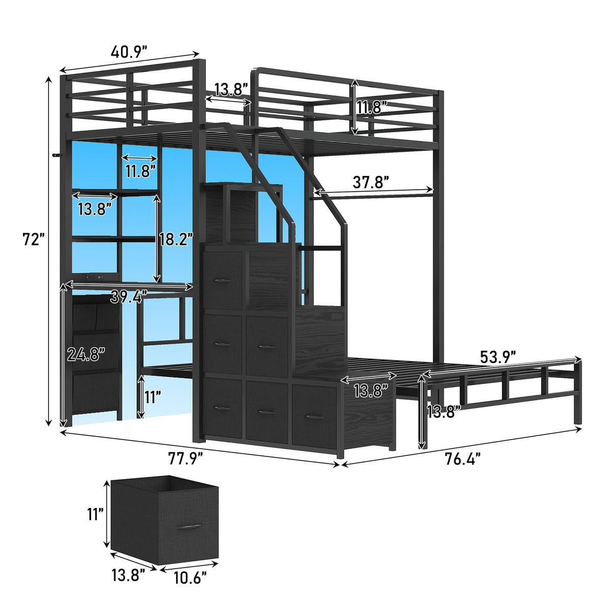 Black Twin Over Full Bunk Bed with Desk and Stairs C380852