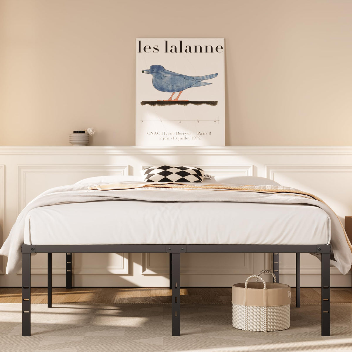 Queen Size Platform Bed Frame Steel Slat Support Black X11558