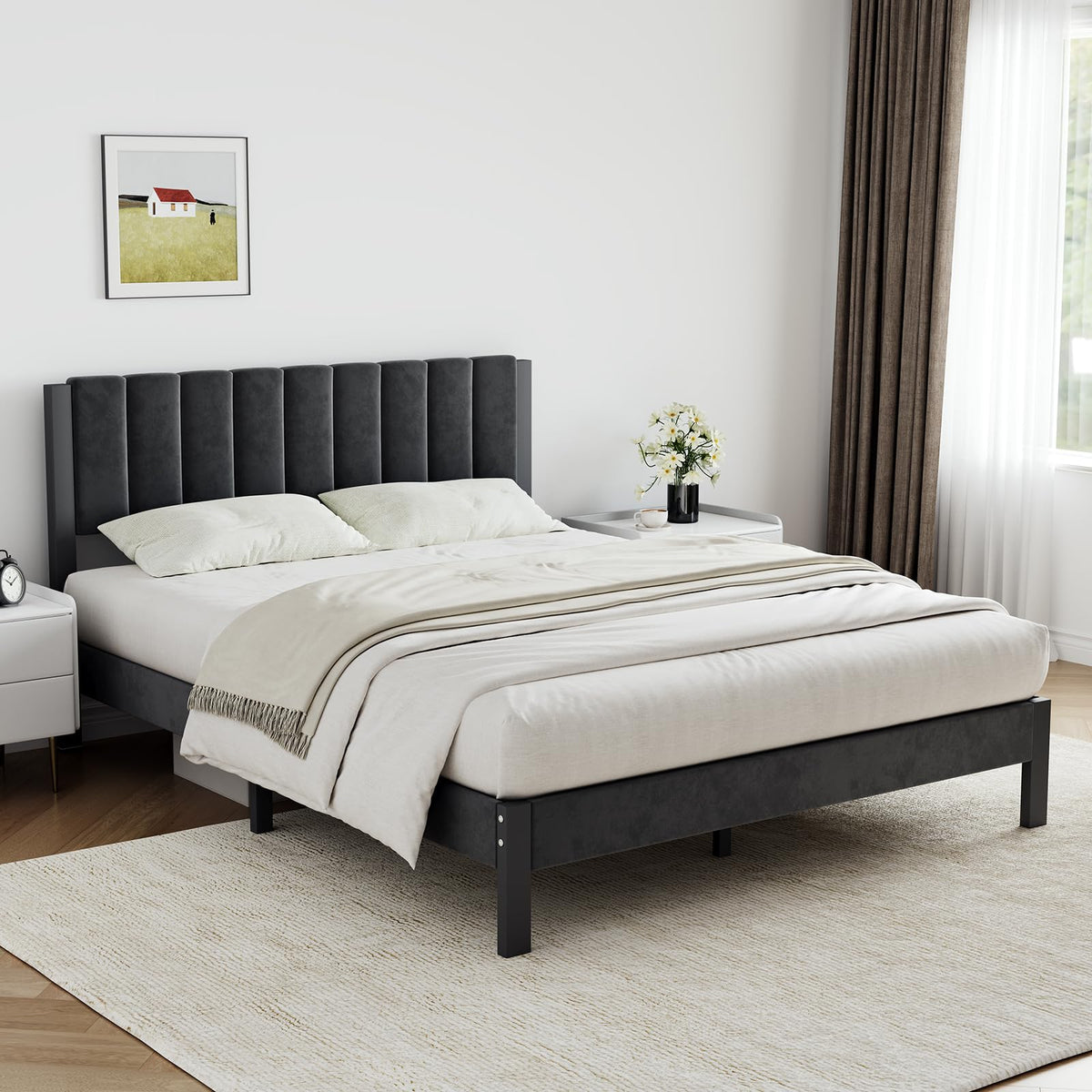 Full Size Metal Platform Bed Frame with Velvet Black Headboard and Footboard R83451