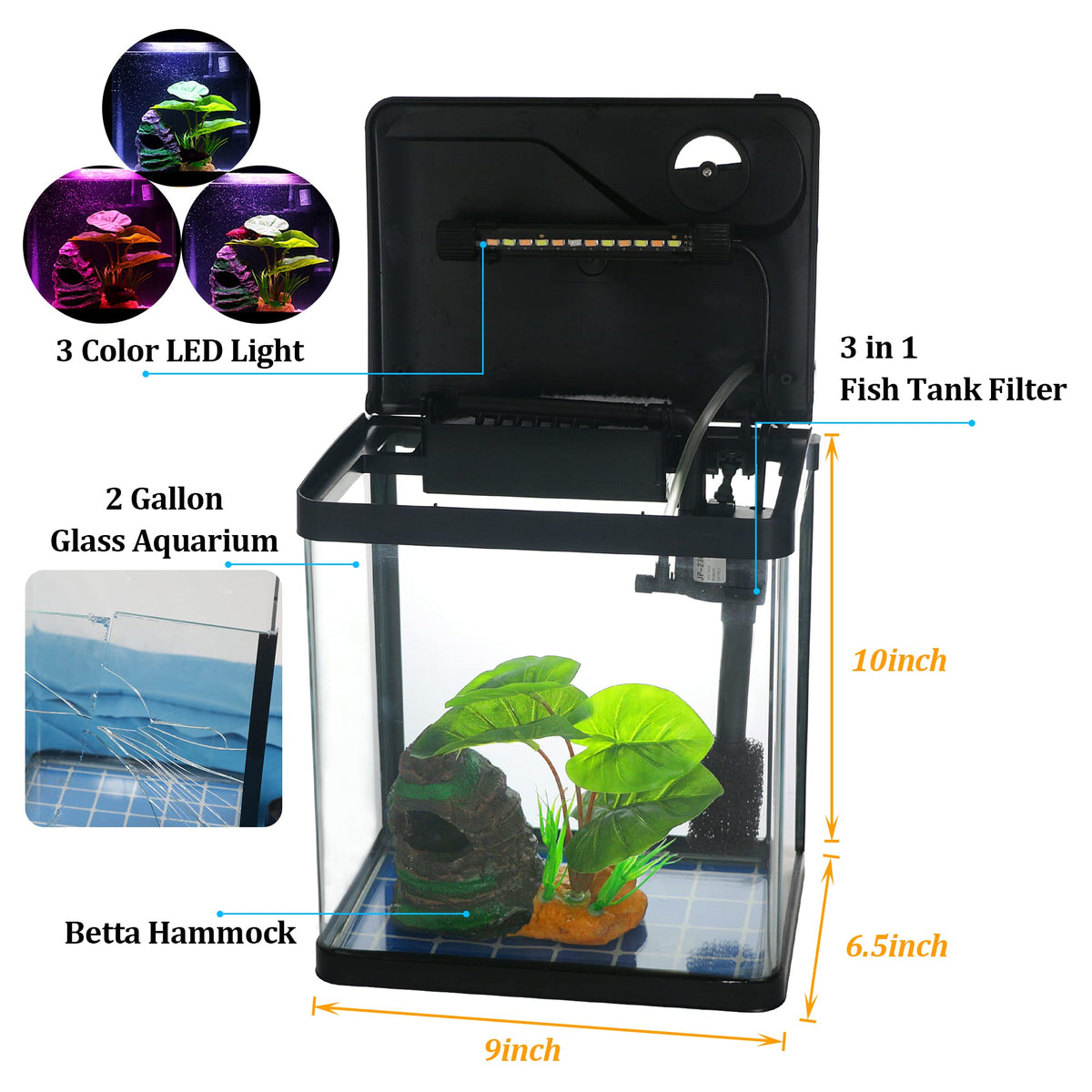 2 Gallon Self Cleaning Glass Betta Fish Tank with LED Light O37394