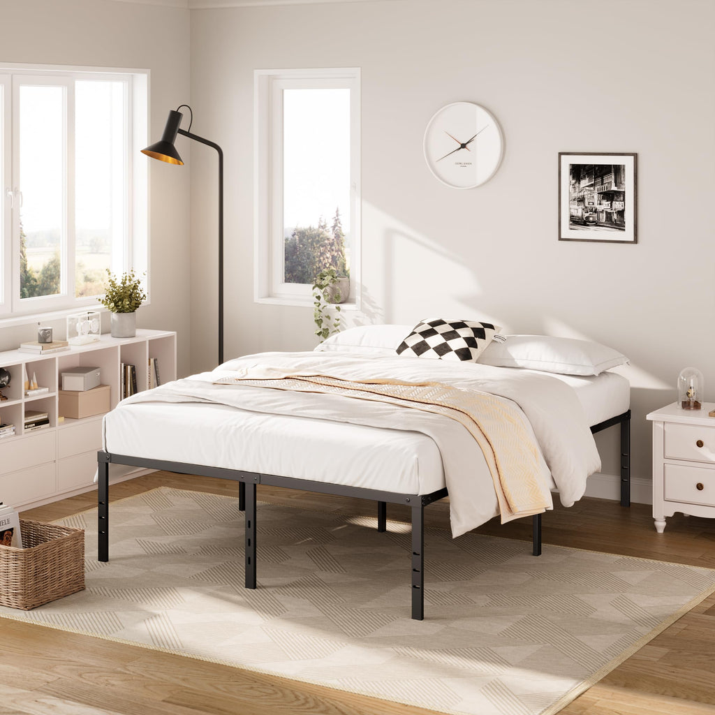 Queen Size Platform Bed Frame Steel Slat Support Black X11558