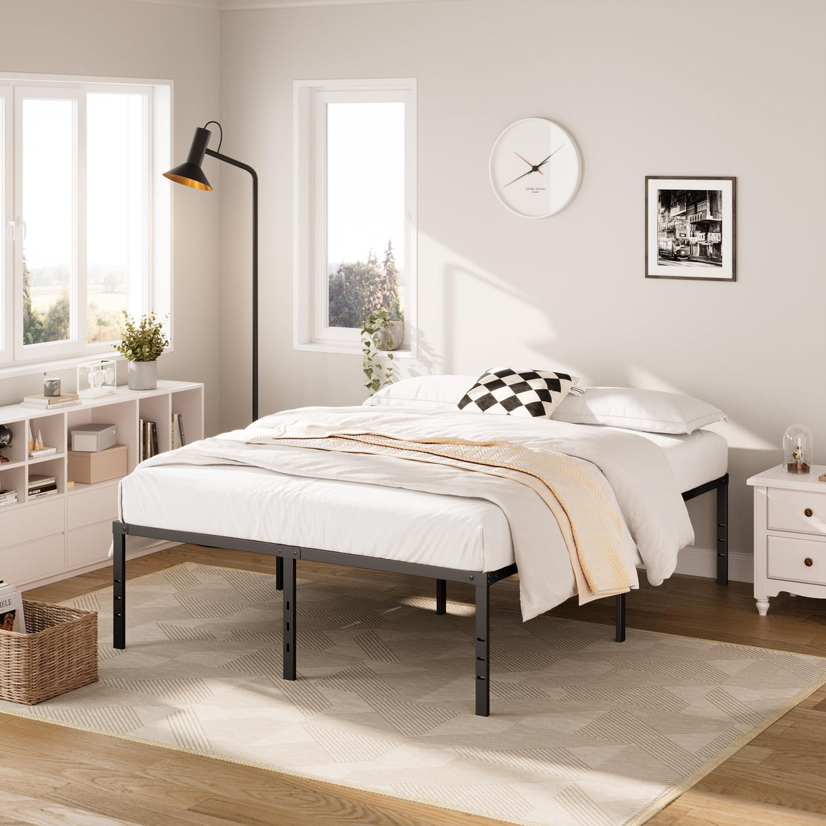 Queen Size Platform Bed Frame Steel Slat Support Black X11558