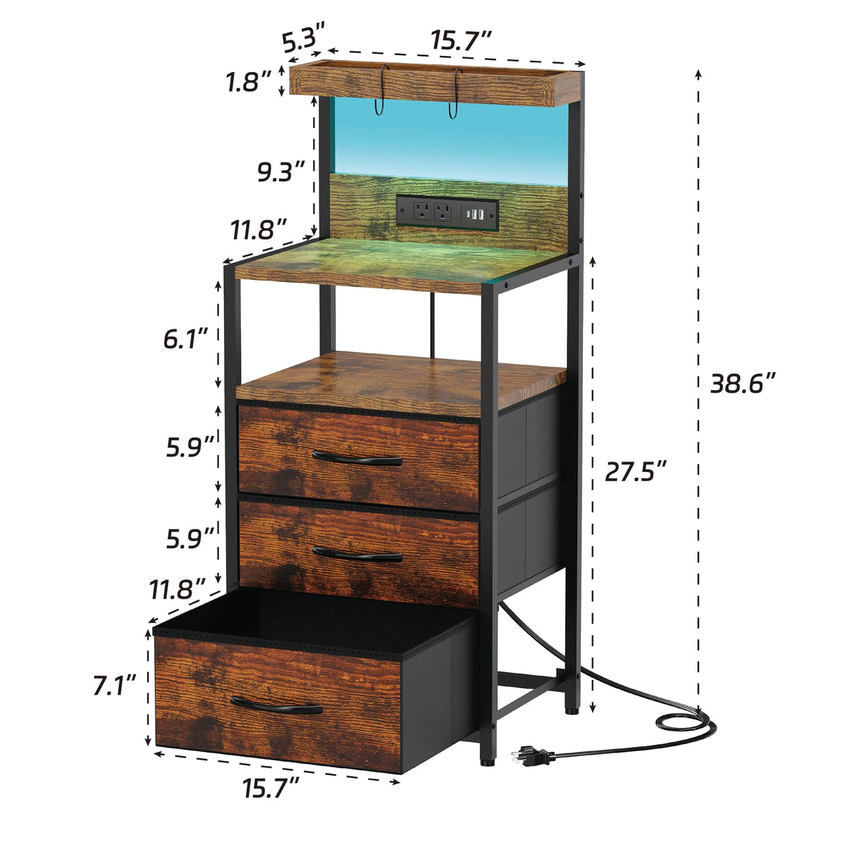 Nightstand with Charging Station, 3 Fabric Drawers V470234