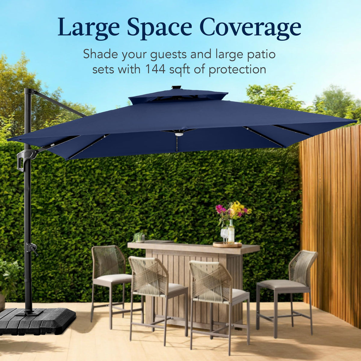 12x12ft LED Cantilever Patio Umbrella with Base and 360° Rotation P179