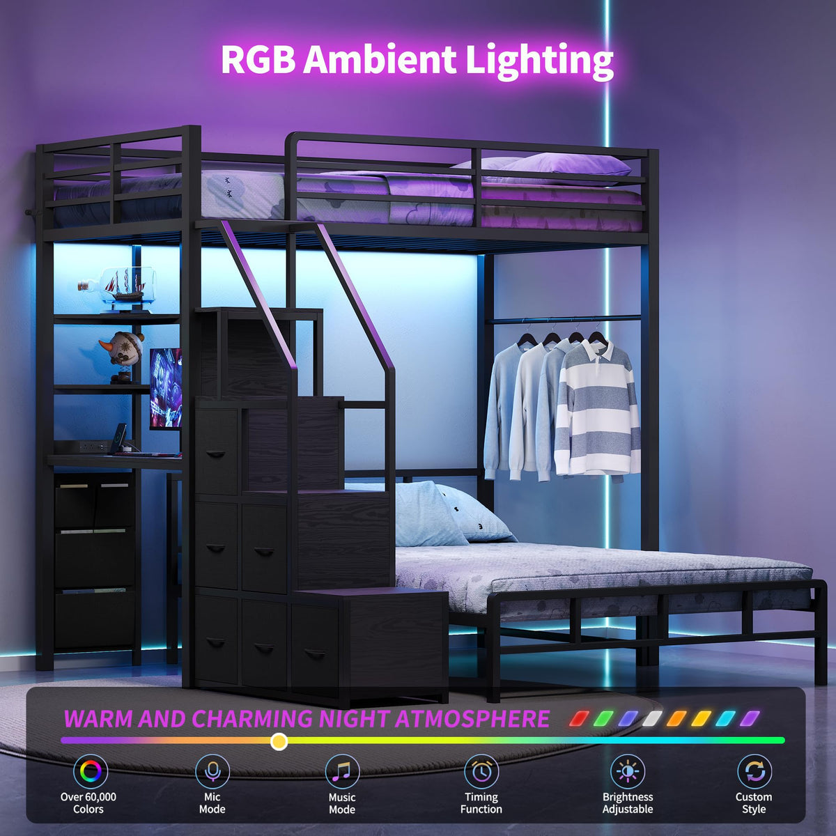 Black Twin Over Full Bunk Bed with Desk and Stairs C380852