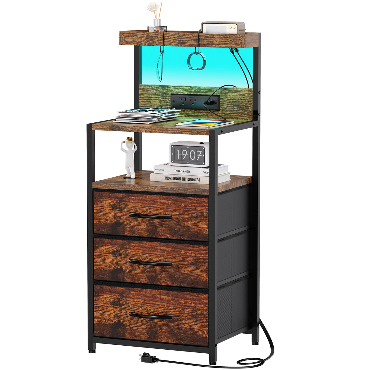 Nightstand with Charging Station, 3 Fabric Drawers V470234