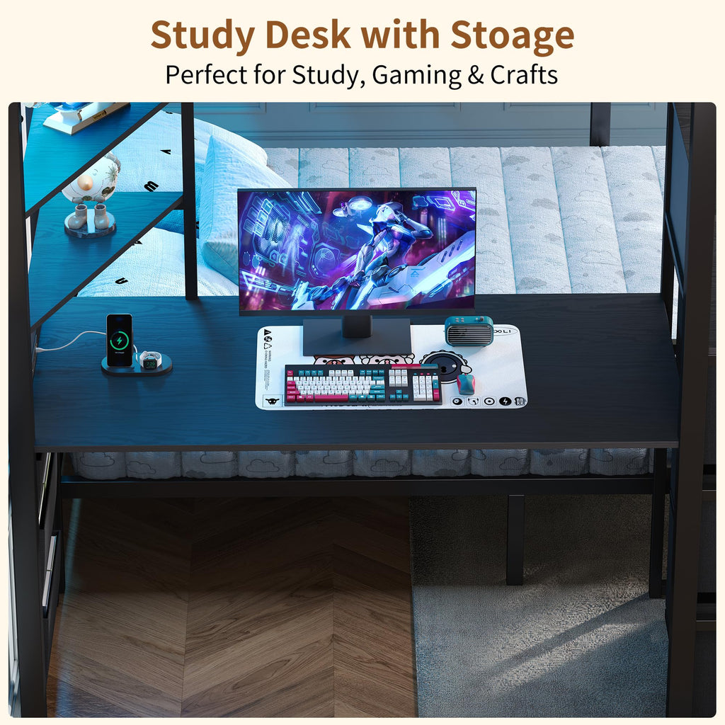 Black Twin Over Full Bunk Bed with Desk and Stairs C380852