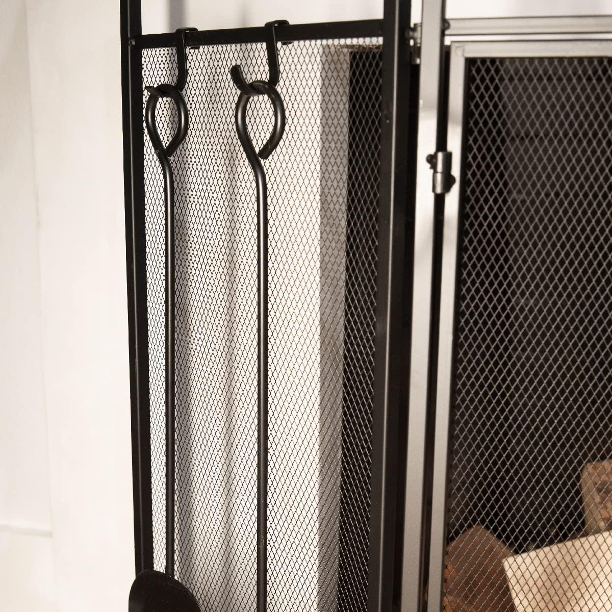 Black 3-Panel Folding Fireplace Screen with Magnetic Doors and 4-Piece Tools Set W254