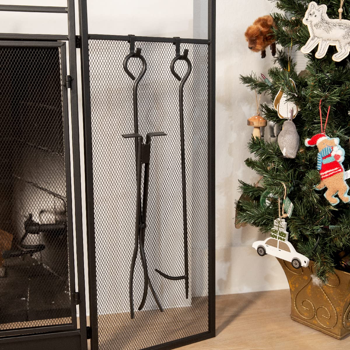 Black 3-Panel Folding Fireplace Screen with Magnetic Doors and 4-Piece Tools Set W254