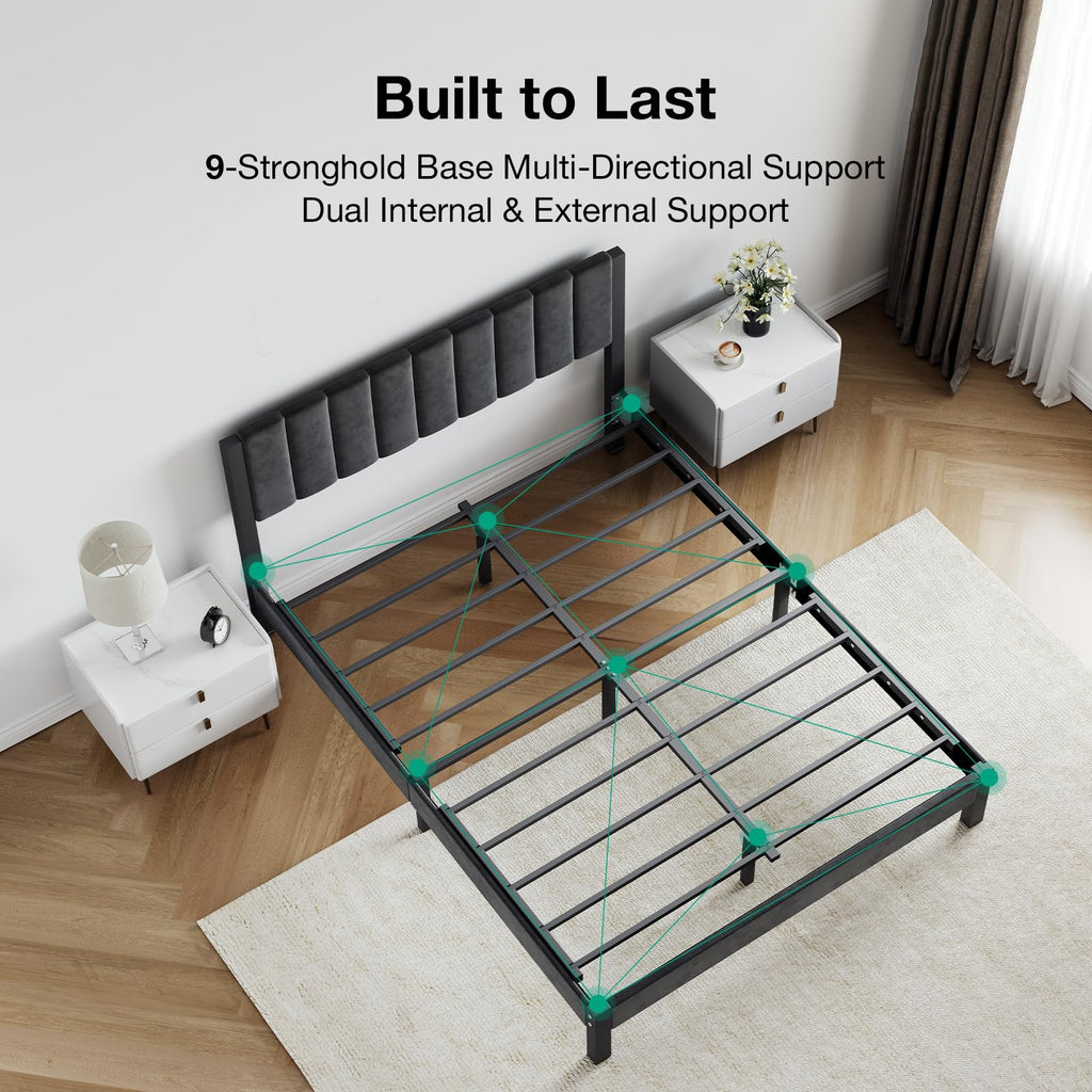 Full Size Metal Platform Bed Frame with Velvet Black Headboard and Footboard R83451
