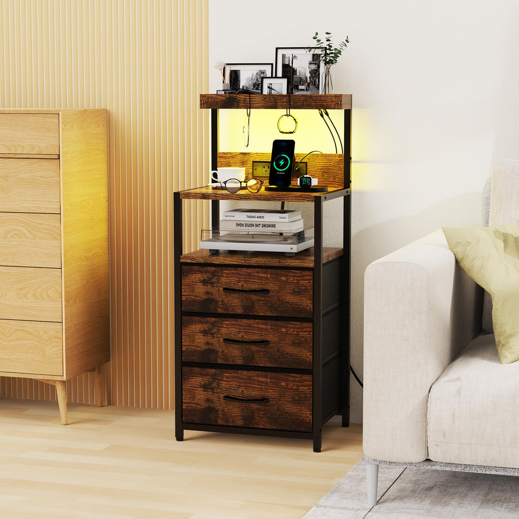 Nightstand with Charging Station, 3 Fabric Drawers V470234