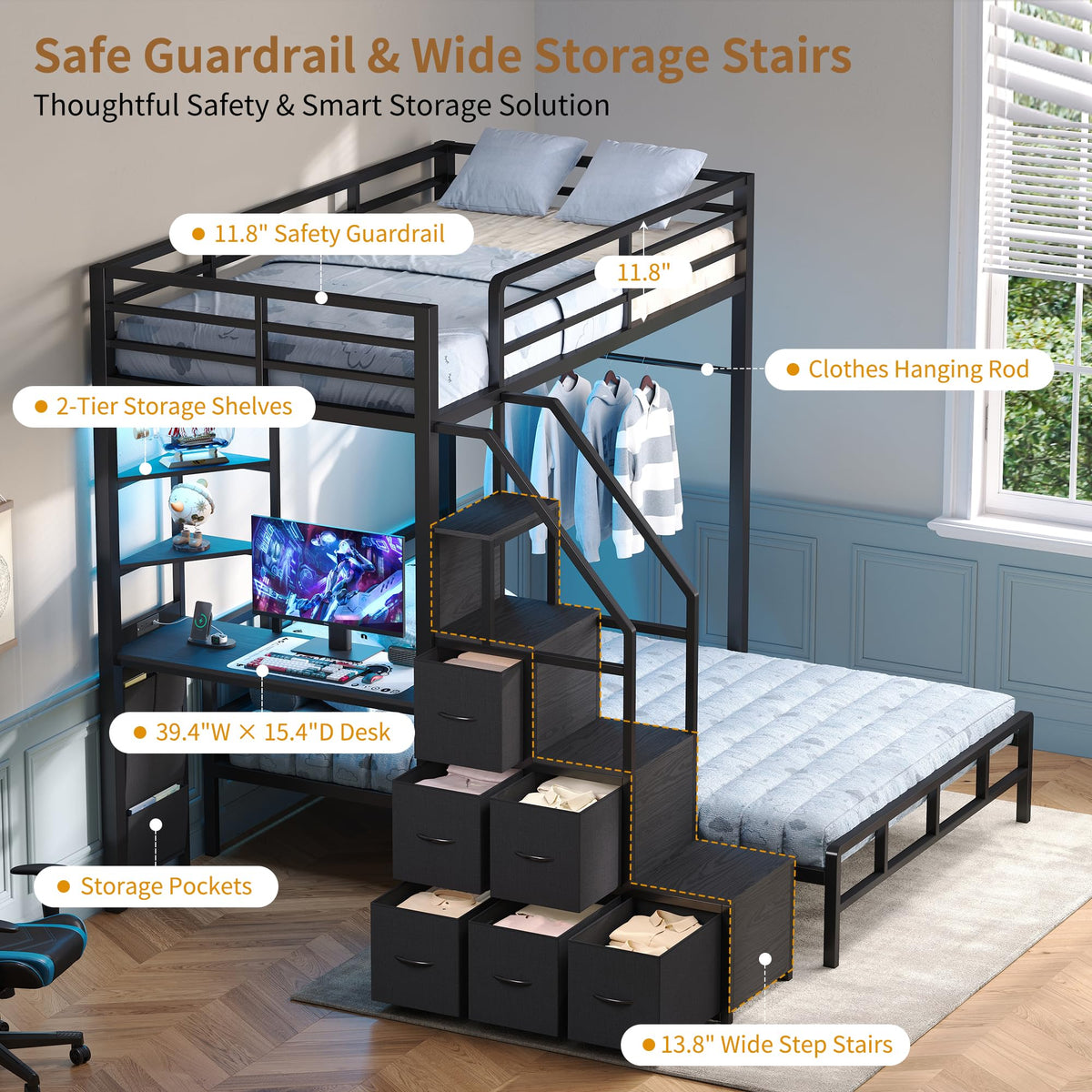Black Twin Over Full Bunk Bed with Desk and Stairs C380852