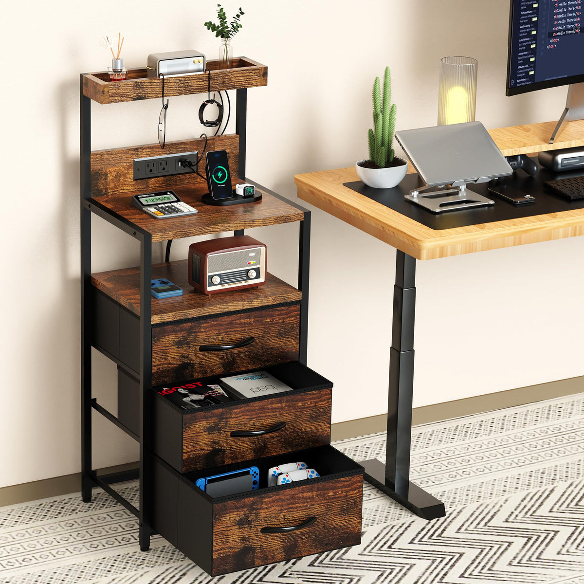 Nightstand with Charging Station, 3 Fabric Drawers V470234