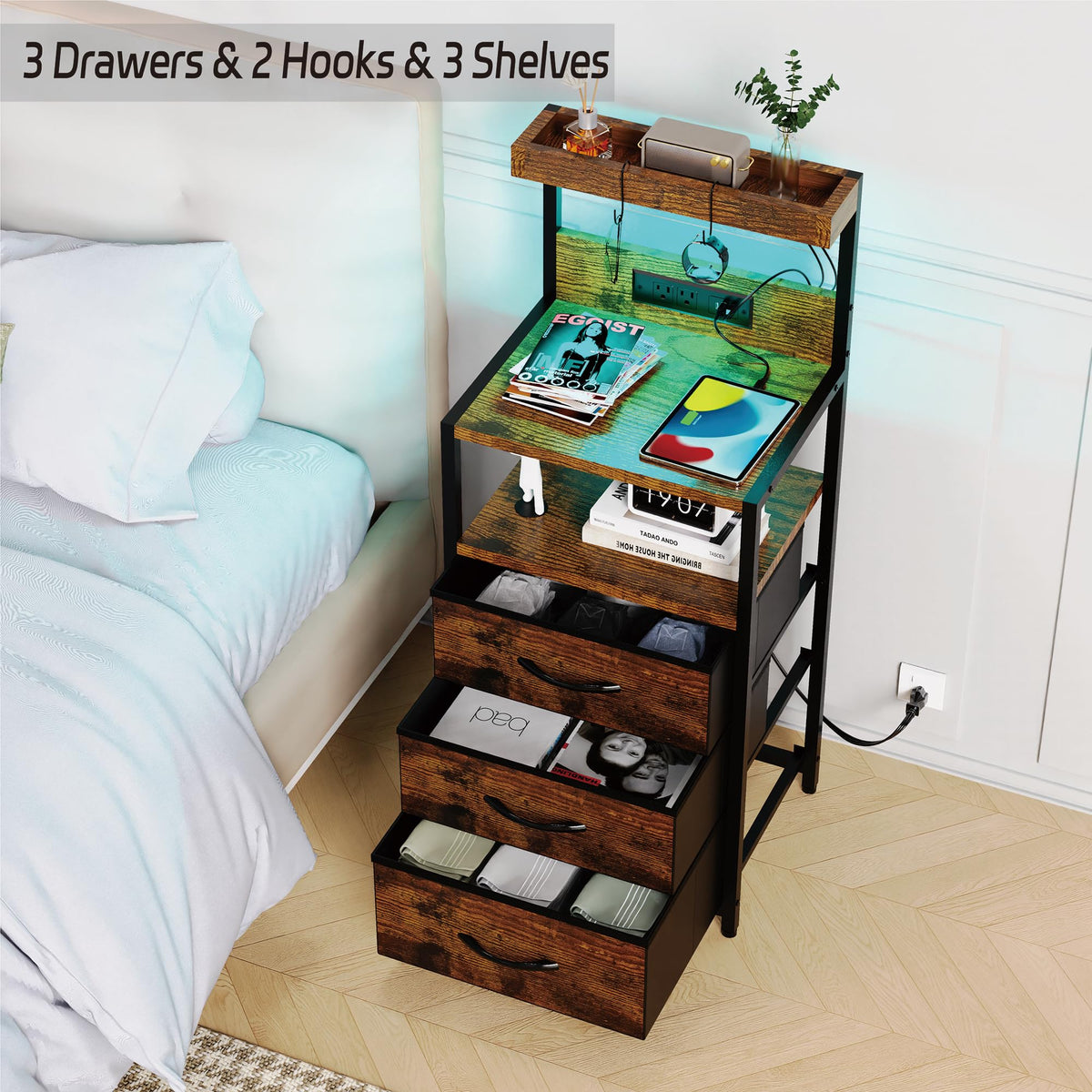 Nightstand with Charging Station, 3 Fabric Drawers V470234