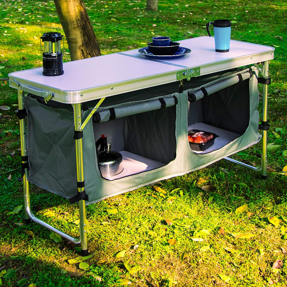 Aluminum Lightweight Height Adjustable Folding Table with Storage Organizer R94567