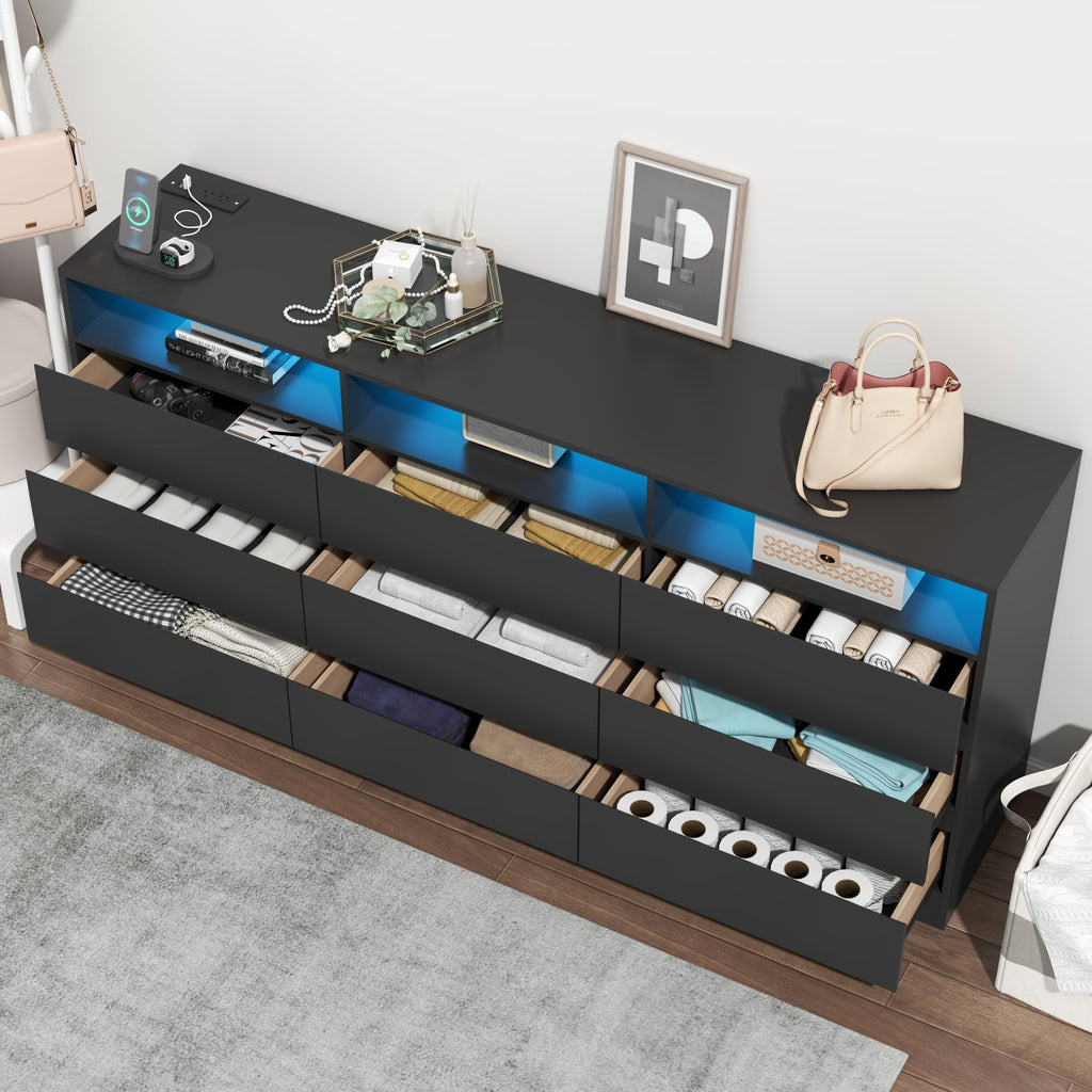 Black 9 Drawer Dresser with LED Lights & Power Outlet U435277