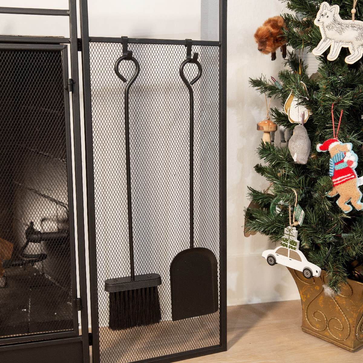 Black 3-Panel Folding Fireplace Screen with Magnetic Doors and 4-Piece Tools Set W254
