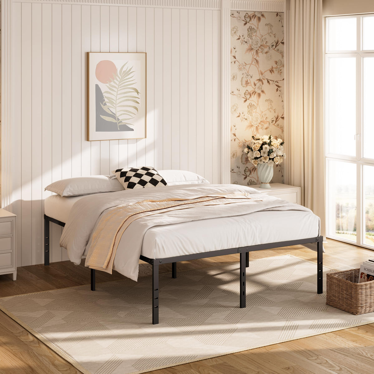 Queen Size Platform Bed Frame Steel Slat Support Black X11558