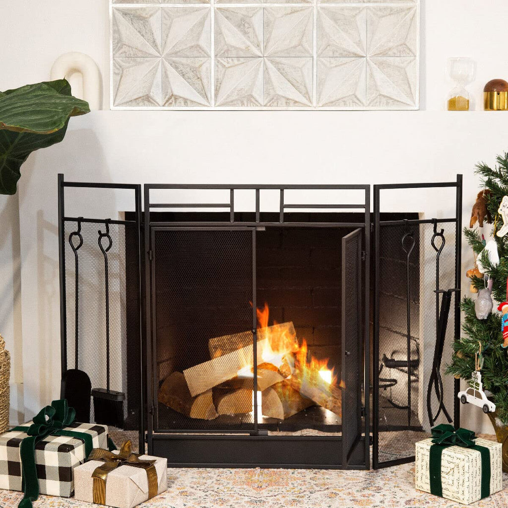 Black 3-Panel Folding Fireplace Screen with Magnetic Doors and 4-Piece Tools Set W254