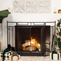 Black 3-Panel Folding Fireplace Screen with Magnetic Doors and 4-Piece Tools Set W254