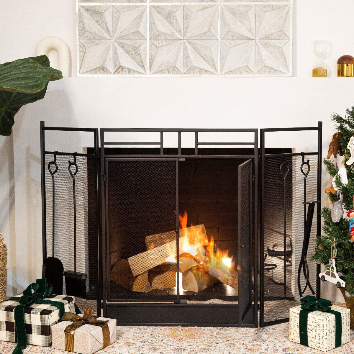 Black 3-Panel Folding Fireplace Screen with Magnetic Doors and 4-Piece Tools Set W254