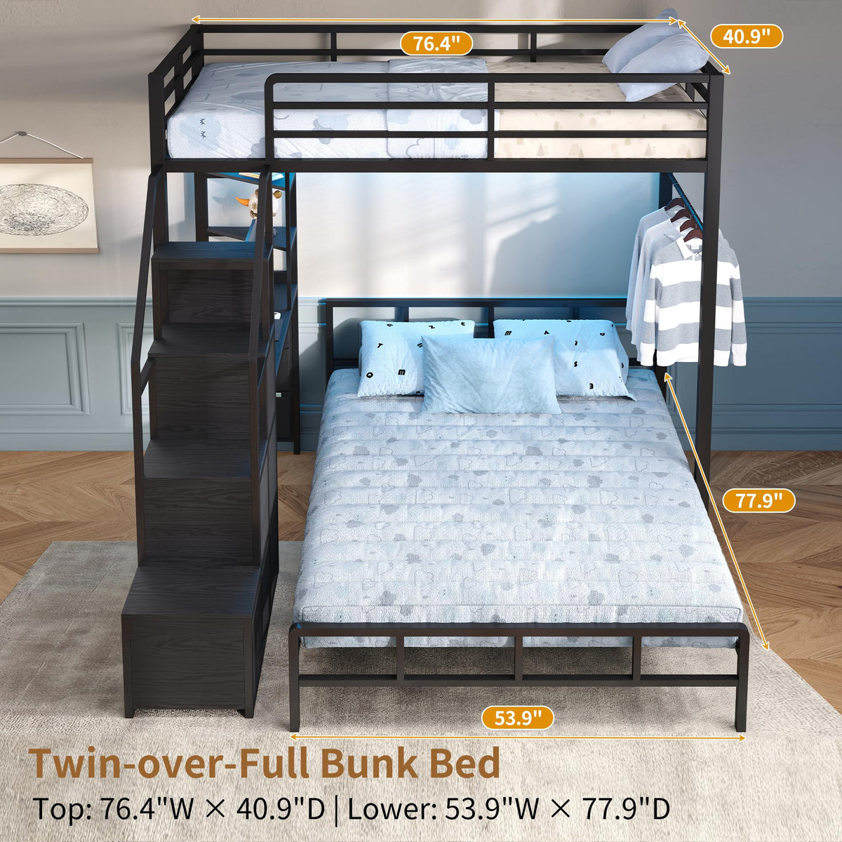 Black Twin Over Full Bunk Bed with Desk and Stairs C380852