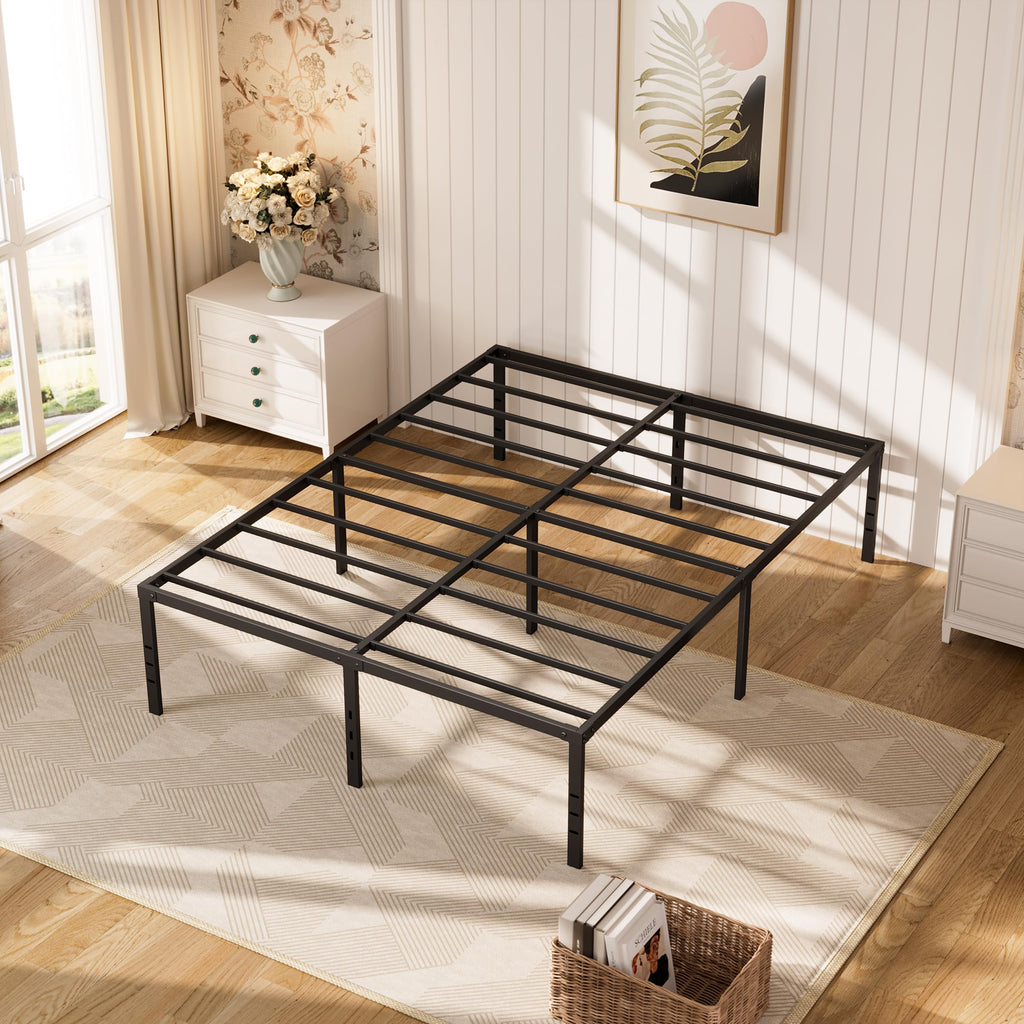 Queen Size Platform Bed Frame Steel Slat Support Black X11558