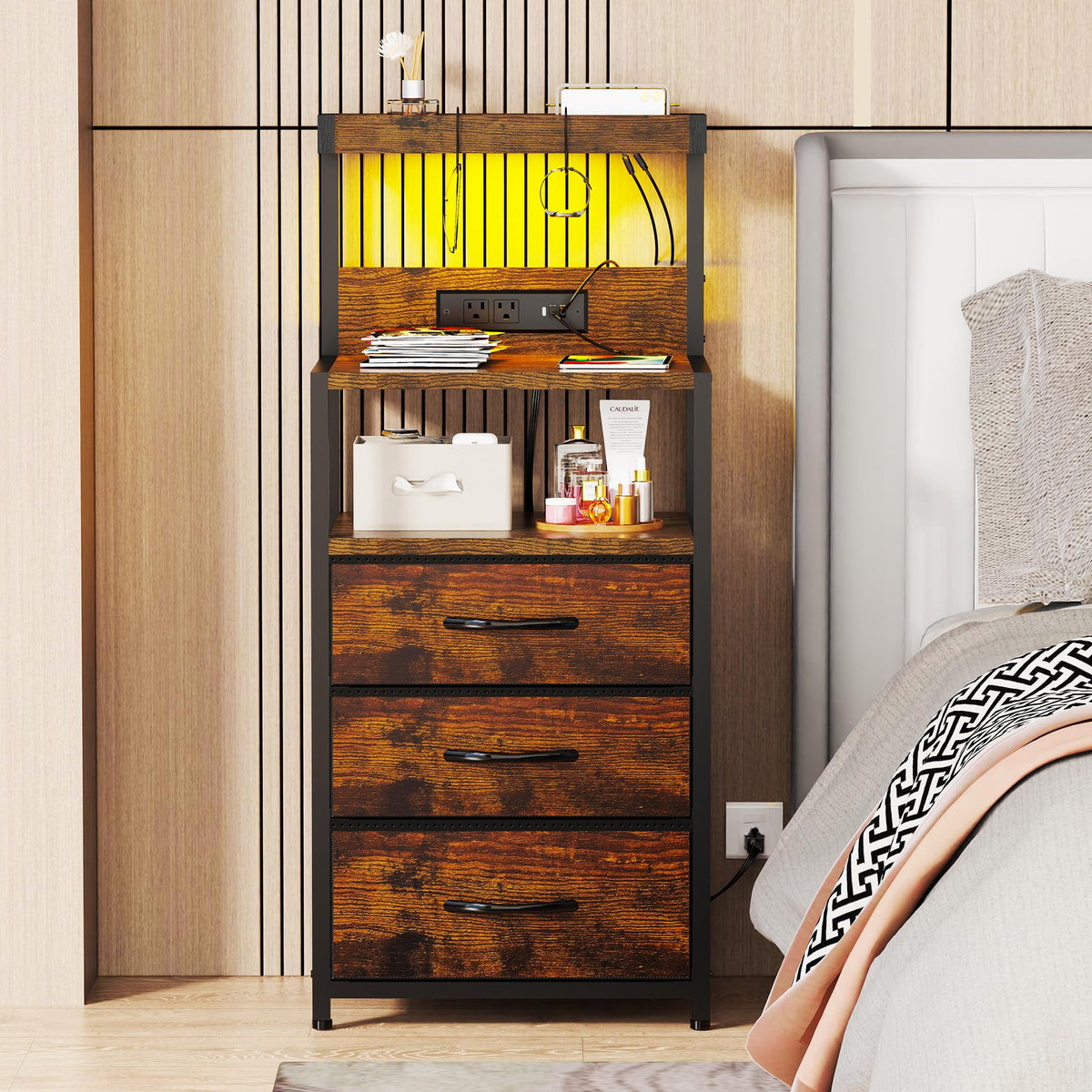 Nightstand with Charging Station, 3 Fabric Drawers V470234